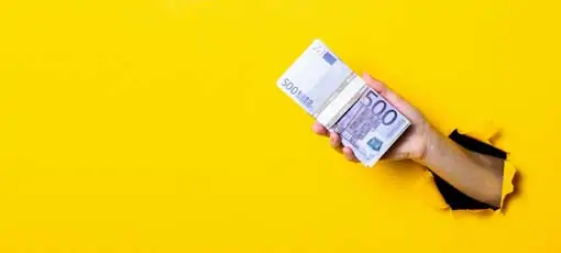 Ernährungsberater Gehalt - Hand reicht 500€ Scheine durch ein Loch im gelben Hintergrund